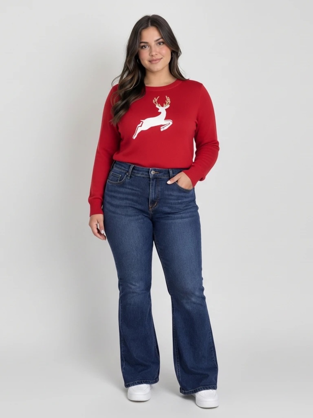 Kim Rogers Womens Large Red Reindeer Christmas Sweater Holiday Intarsia Knit NWT